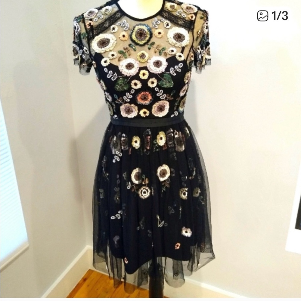 Needle and Thread Floral Embroidered sequin flowers Black Dress